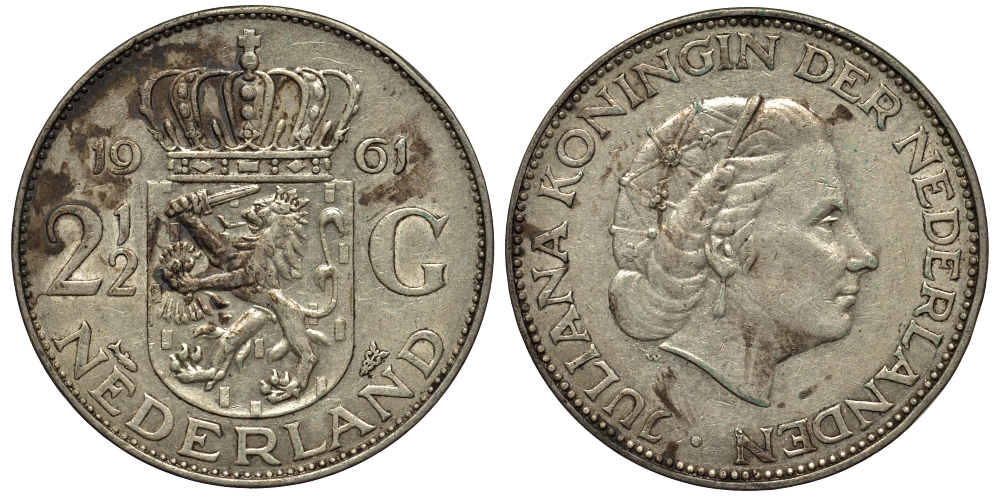 Нидерланды 2 1/2 гульдена 1961 Юлиана (1949-1980) KM 185 серебро 443-723