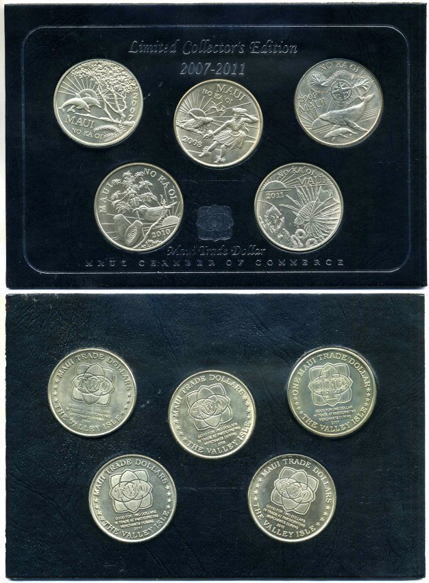 Гавайи, Мауи набор из 5 монет по 1 доллару 2007-2011 MAUI CHAMBER OF COMMERCE, в оригинальном картонном буклете, сертификат медно-никель UNC 5-4-4-1