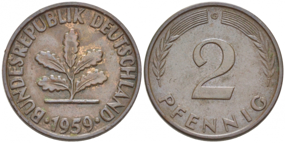 ФРГ 2 ПФЕННИГА 1959 G KM 106, J. 381 бронза 3955-626