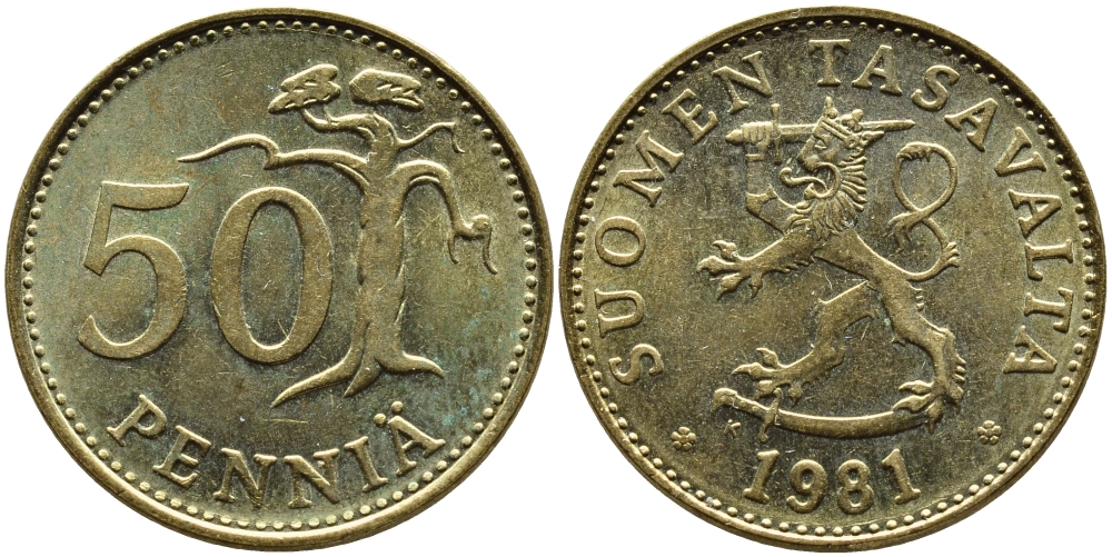 ФИНЛЯНДИЯ 50 ПЕННИ 1981 К KM 48 алюминиевая бронза 4364-3051