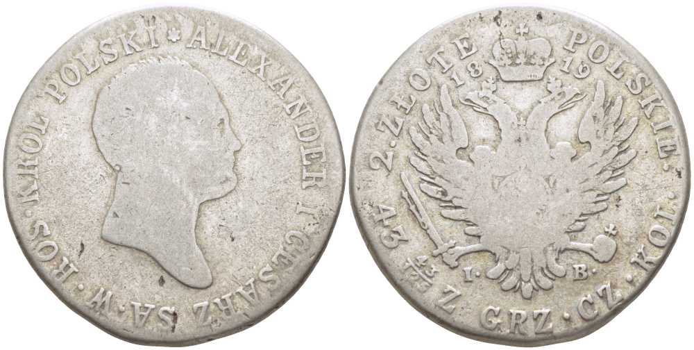 РОССИЯ ДЛЯ ПОЛЬШИ 2 ЗЛОТЫХ 1819 IB, АЛЕКСАНДР I РУССКИЙ ЦАРЬ И КОРОЛЬ ПОЛЬШИ (1815-1825) KM 99, Биткин 833 серебро 5010-1033