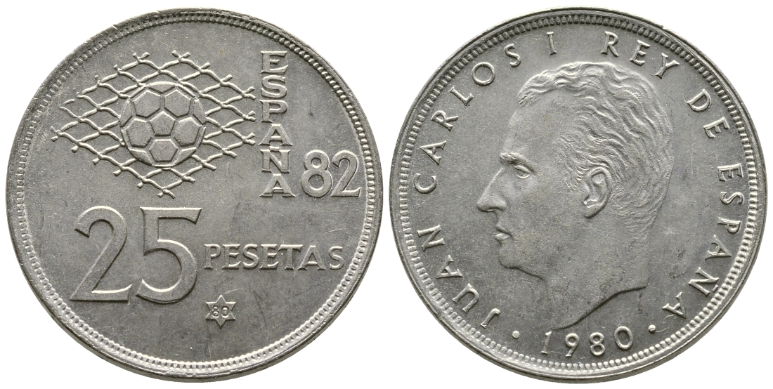 Испания 25 песет 1980 (80), чемпионат мира по футболу Испания 82 KM 818 медно-никель 4364-4222