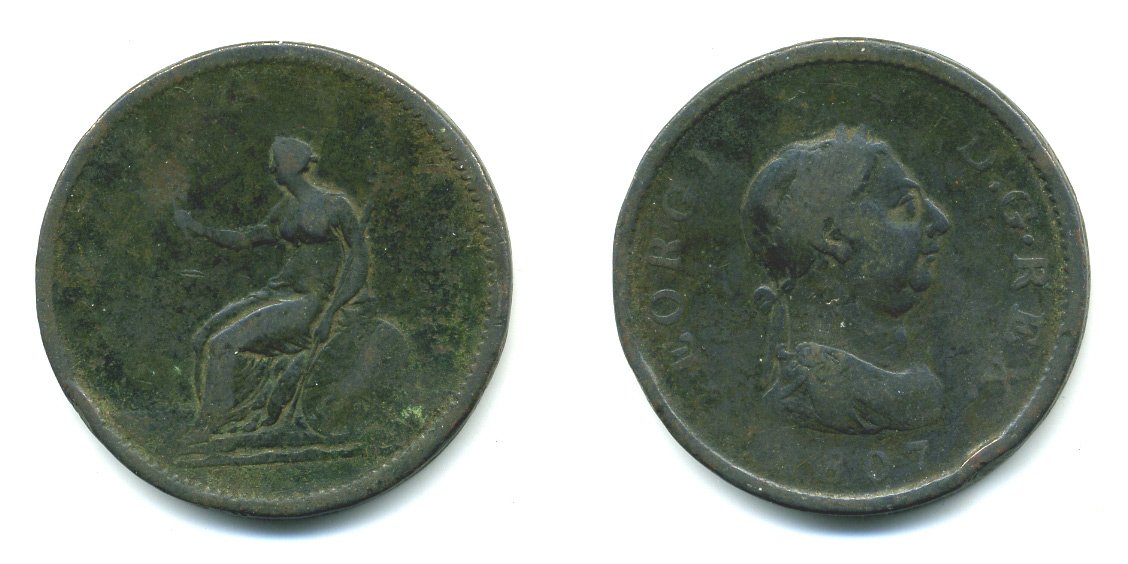 Великобритания 1 пенни 1807 Георг III (1760-1820) KM 663 медь 540-132