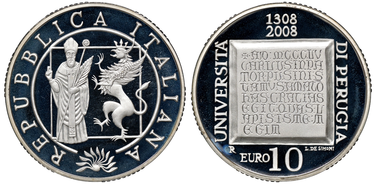 Италия 10 евро 2008 700 лет Университету Перуджиа, в оригинальной коробке с сертификатом KM 306 серебро PROOF 4-3-2-06