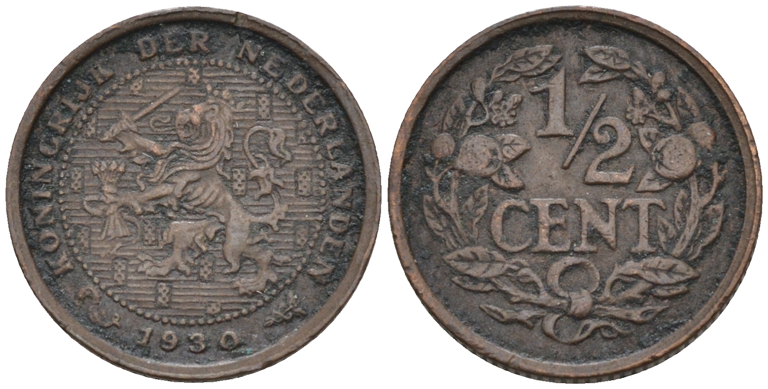 Нидерланды 1/2 цента 1930 Вильгельмина (1890-1948) KM 138 бронза    4169-241