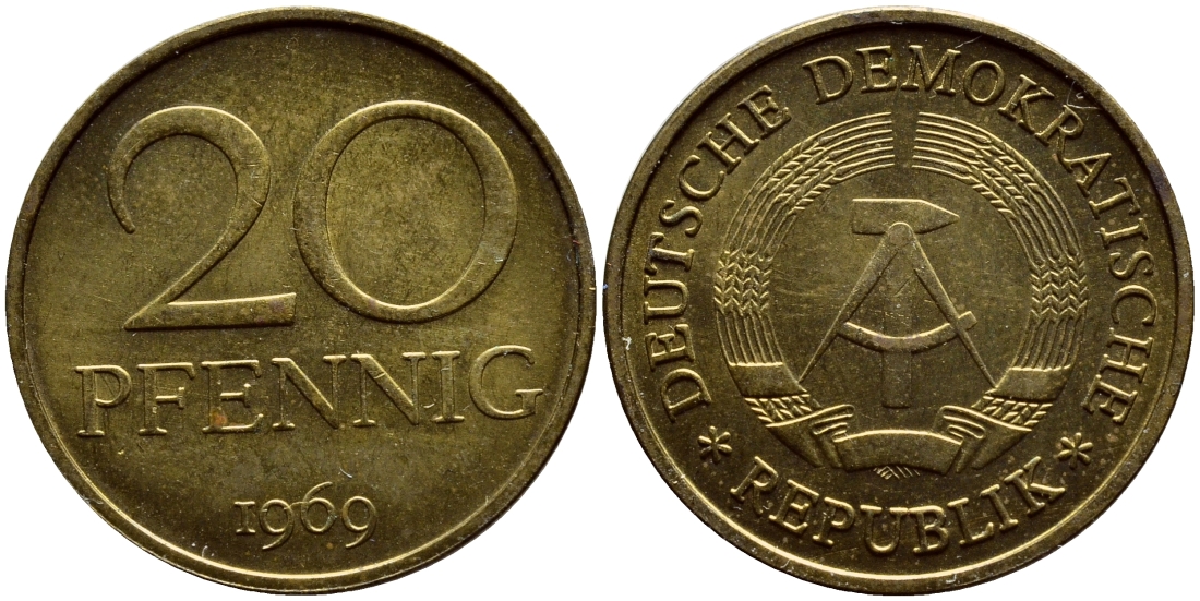 ГДР 20 пфеннигов 1969 А, первый год KM 11 латунь UNC 4398-1046