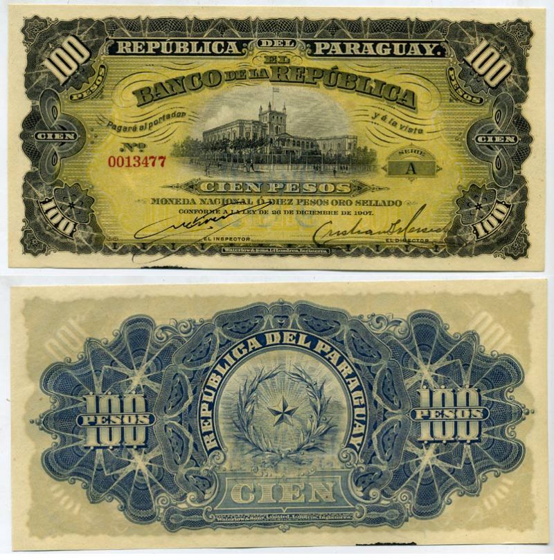 Парагвай 100 песо 1907 26 декабря 1907, серия А Pick 159 бумага UNC (пресс) 000-000-00