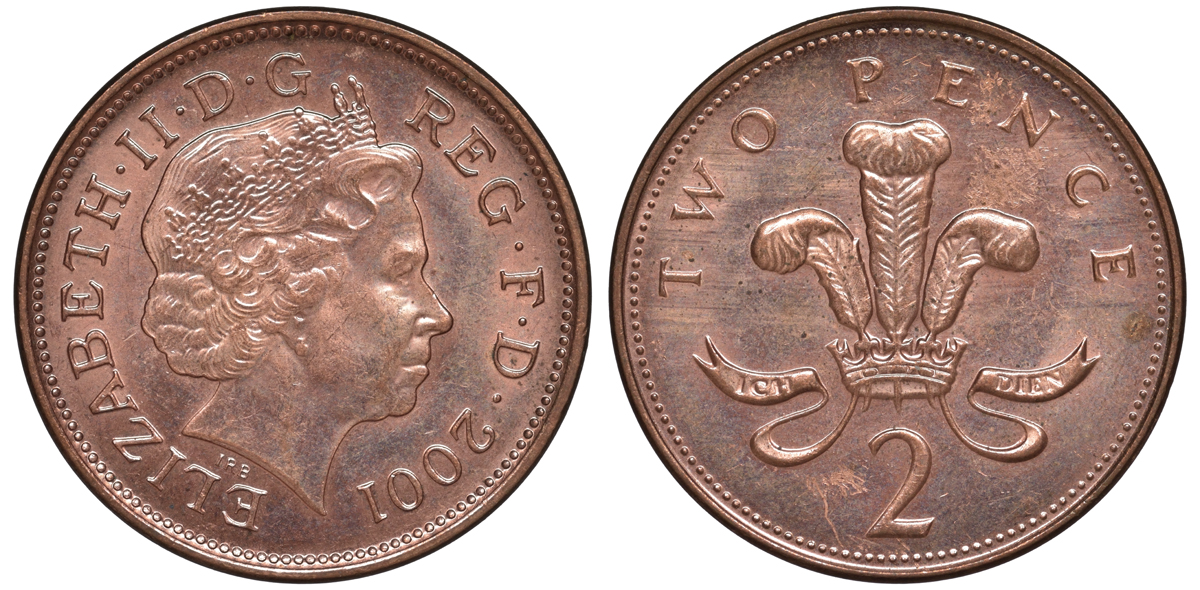 Великобритания 2 пенса 2001 Елизавета II (1952-2022) KM 987, Spink 4690 (C5) сталь плакированная медью 3334-913