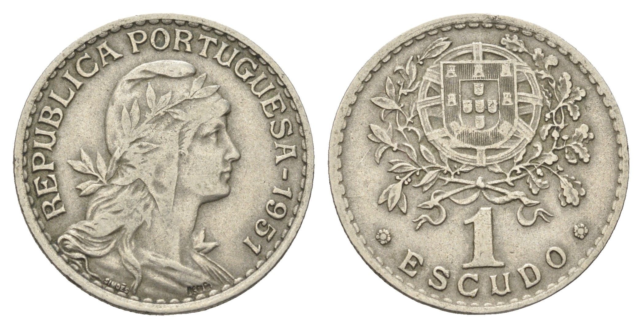 Португалия 1 эскудо 1951 голова Свободы вправо KM 578 никель латунь    4660-351