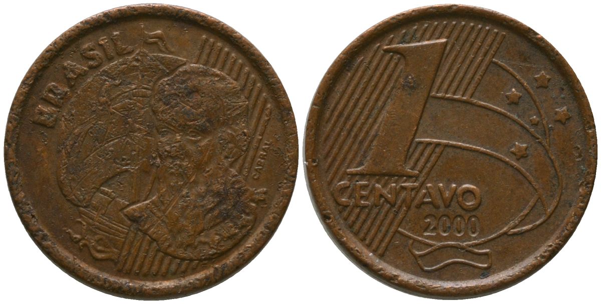 Бразилия 1 сентаво 2000 KM 647, Schon 155 сталь плакированная медью 4576-335