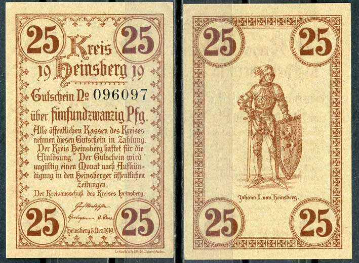 Германия, Хайнсберг 25 пфеннигов 1919 нотгельд, 5.12.1919 Tieste 2900/01 бумага UNC (пресс) 8614-41-3-1