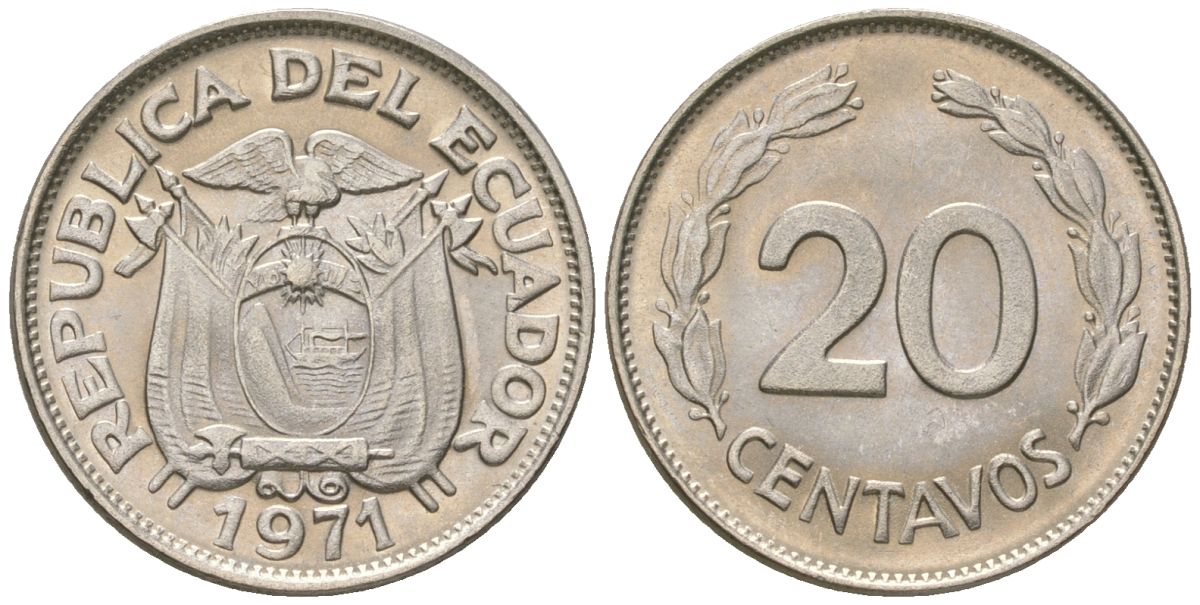 Эквадор 20 сентаво 1971 KM 77.1c сталь плакированная никелем aUNC 4611-714