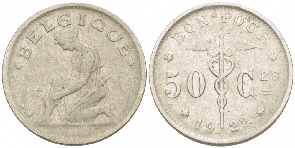 Бельгия 50 сантимов 1922 Belgique, Альберт I (1910-1934) KM 87 никель 3996-1144