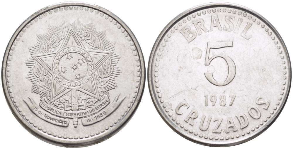 Бразилия 5 крузадо 1987 реформа (1986-1989) KM 606 нержавеющая сталь 31-916