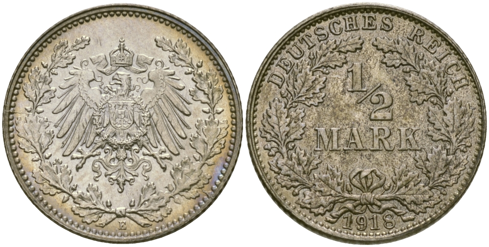 ГЕРМАНИЯ 1/2 МАРКИ 1918 E J. 16, KM 17 серебро UNC 65-255