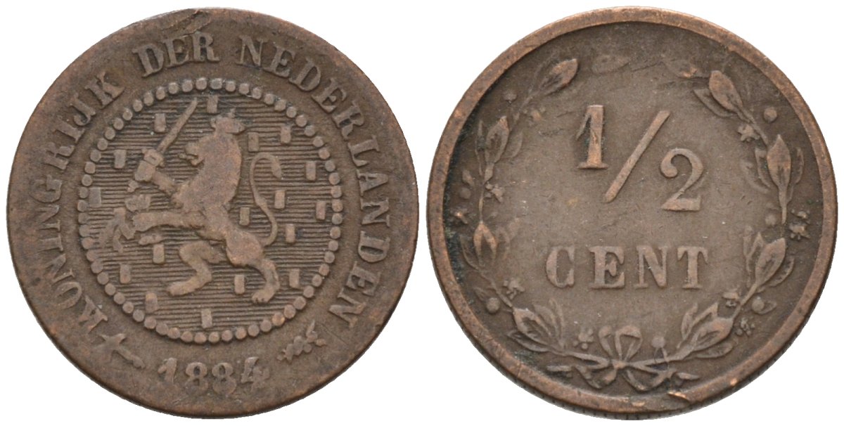 Нидерланды 1/2 цента 1884 Виллем III (1849-1890) KM 109 бронза 4576-263