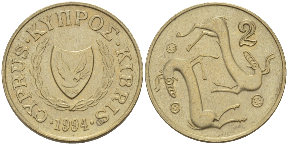 КИПР 2 ЦЕНТА 1994 KM 54.3 никель латунь 4364-3651