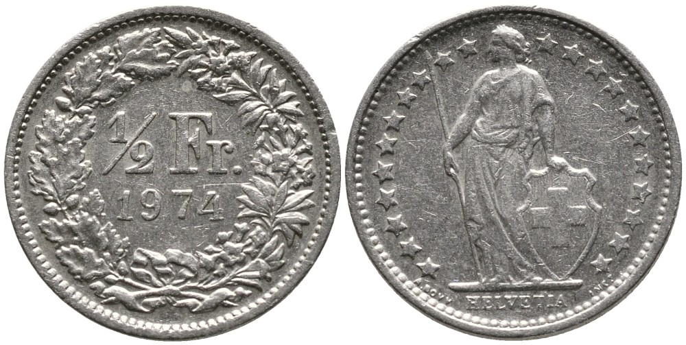 Швейцария 1/2 франка 1974 KM 23а.1 медно-никель 4528-559