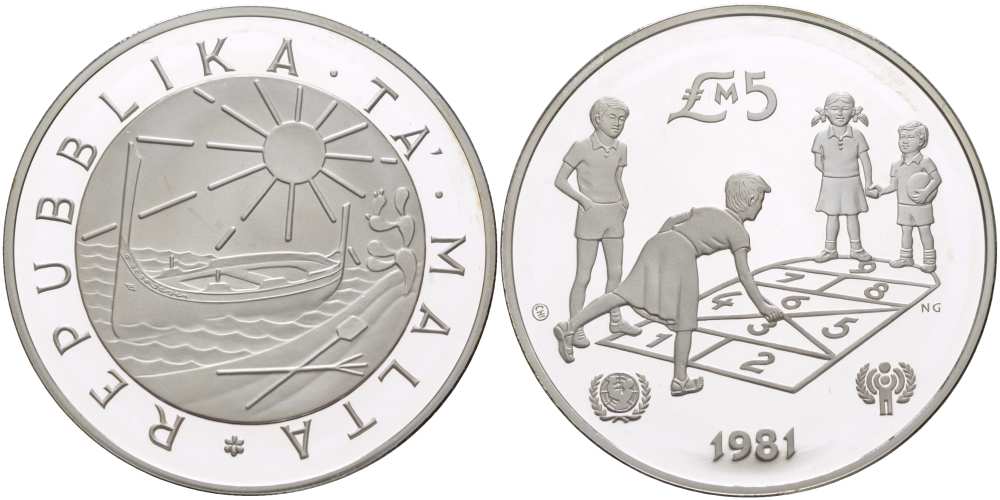 Мальта 5 фунтов 1981 Международный год защиты детей, дети играют в классики KM 53 серебро PROOF 00-00