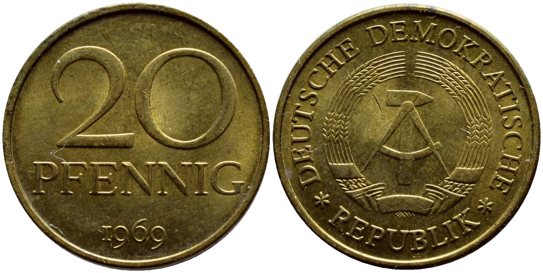 ГДР 20 пфеннигов 1969 А, первый год KM 11 латунь UNC 4398-227
