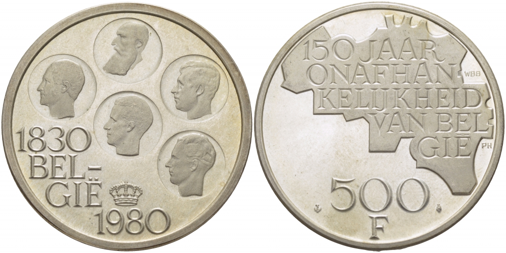 Бельгия 500 франков 1980 150 лет независимости, Belgie, Бодуэн I (1951-1993) KM 162 медно-никель покрытый серебром UNC 107-322