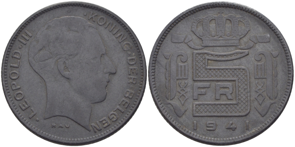 БЕЛЬГИЯ 5 ФРАНКОВ 1941 BELGEN, ГЕРМАНСКАЯ ОККУПАЦИЯ, ВТОРАЯ МИРОВАЯ ВОЙНА KM 130 цинк 28-251