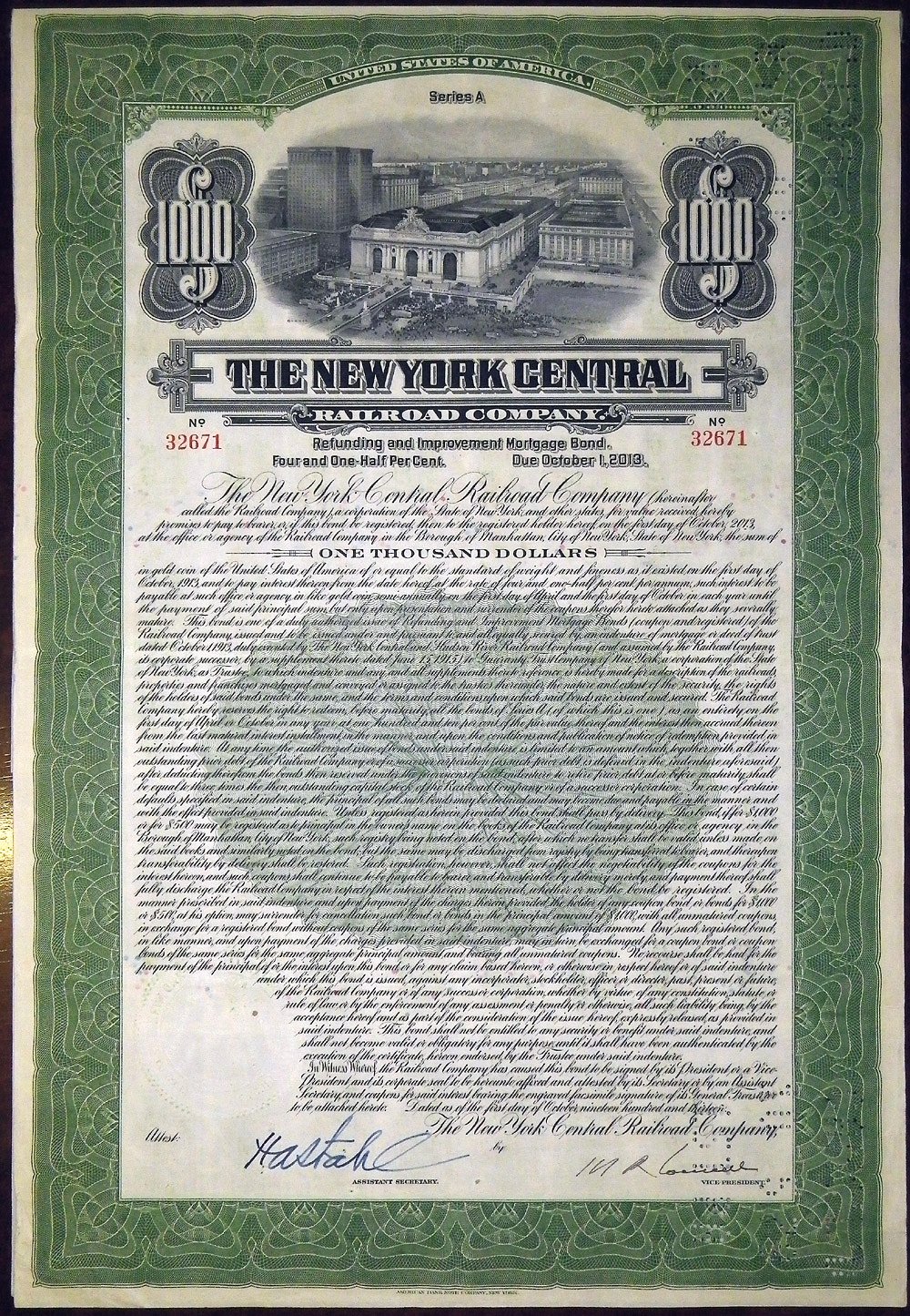 THE NEW YORK CENTRAL RAILROAD COMPANY 4 1/2% ЗАЕМНЫЙ ЛИСТ В 1000 ДОЛЛАРОВ бумага 5553-32