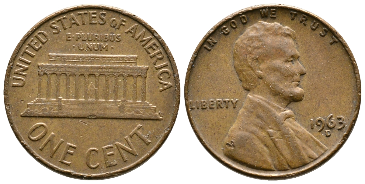 США 1 ЦЕНТ 1963 D, ЛИНКОЛЬН KM 201 медь цинк 93-1223