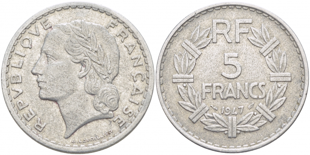 ФРАНЦИЯ 5 ФРАНКОВ 1947 OPEN 9 KM 888b.1 алюминий 4403-222