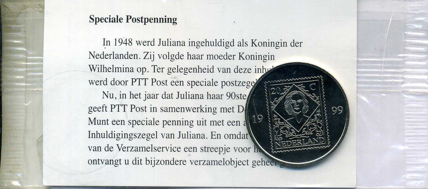 Нидерланды медаль "50 лет коронации королевы Юлиана в 1948" 1999 Королева Юлиана была коронована в 1948 году как королева Нидерландов. По этому случаю почта PTT выпустила первую марку в честь этого особого события (коронационная марка). Сто лет спустя поч