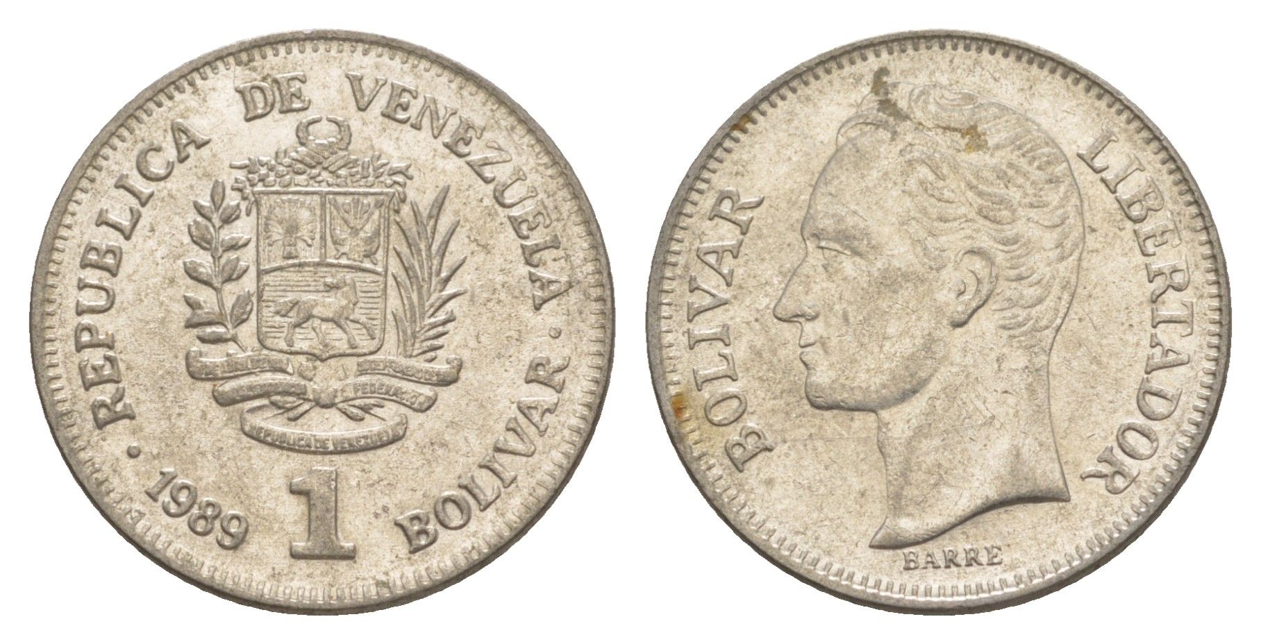 Венесуэла 1 боливар 1989 Симон Боливар, тонкий шрифт Y 52a.1 сталь плакированная никелем 4591-232