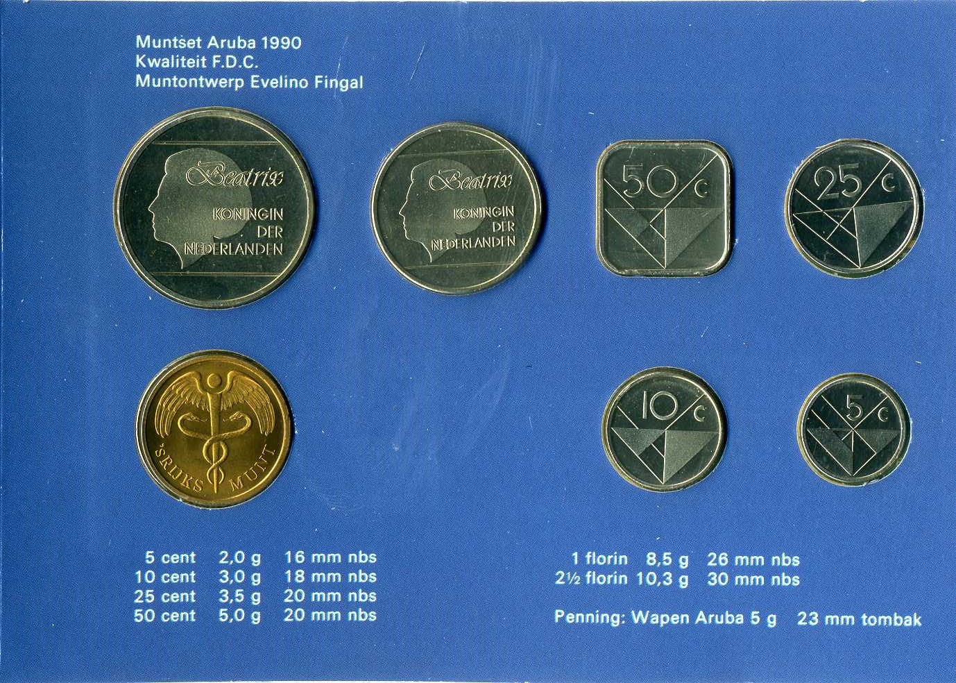 Аруба официальный набор из 6 монет 1990 в оригинальном буклете, с жетоном монетного двора KM MS5 UNC 2-5-2-34