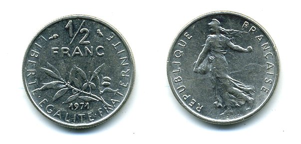 ФРАНЦИЯ 1/2 ФРАНКА 1971 КМ 931.1 никель 3999-815