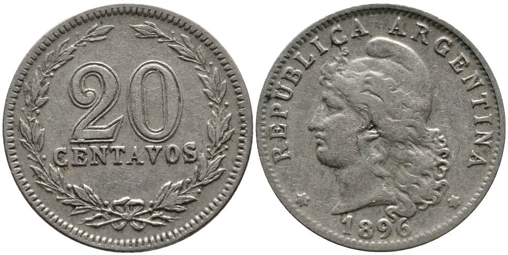 Аргентина 20 сентаво 1896 голова свободы влево KM 11 медно-никель 4528-249