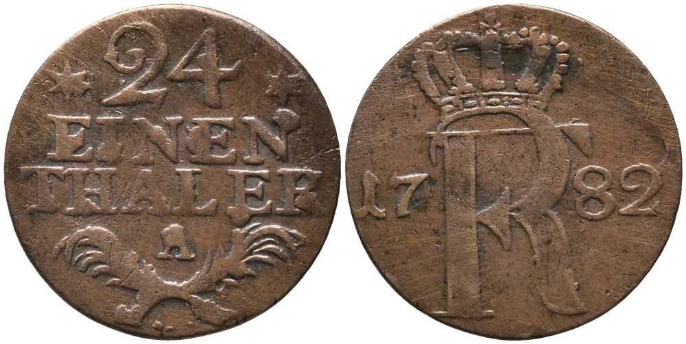 ПРУССИЯ 1/24 ТАЛЕРА 1782 А, ФРИДРИХ II (1740-1786) KM 296 биллон 116-661