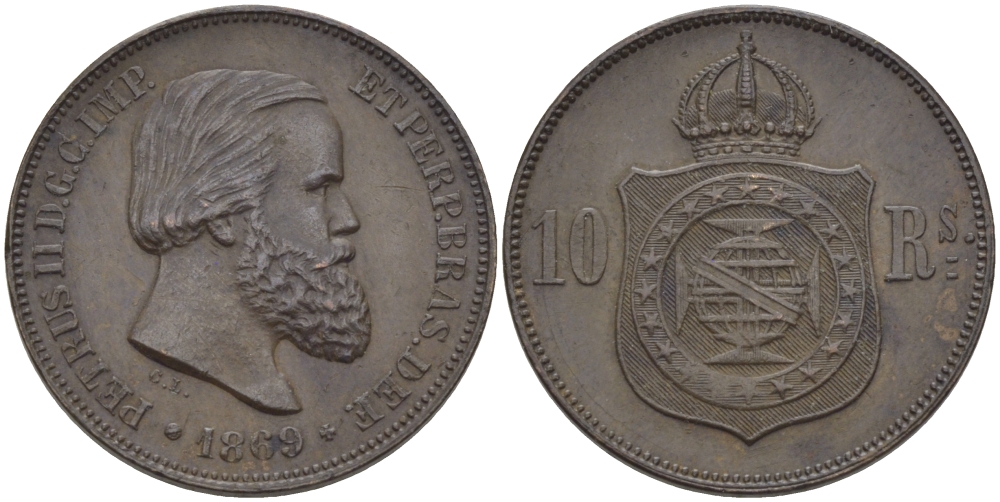 Бразилия 10 реалов (рейсов) 1869 Брюссель, Педро II KM 473 бронза     72-612