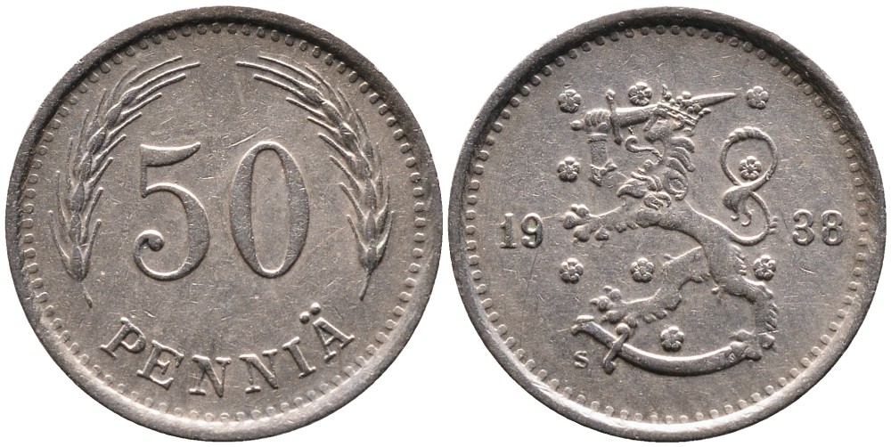 ФИНЛЯНДИЯ 50 ПЕННИ 1938 S KM 26 медно-никель 4387-523