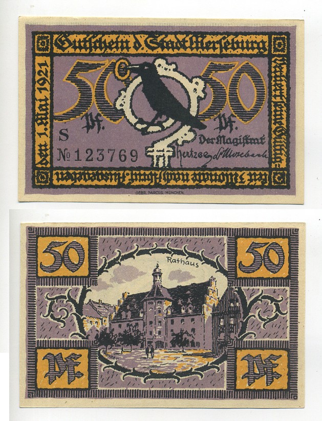 МЕРЗЕБУРГ 50 ПФЕННИГОВ 1921 НОТГЕЛЬД, 1 МАЯ 1921, ЗЕМЛЯ САКСОНИЯ-АНХАЛЬТ Grabowski 884.2b бумага 7217-52-1