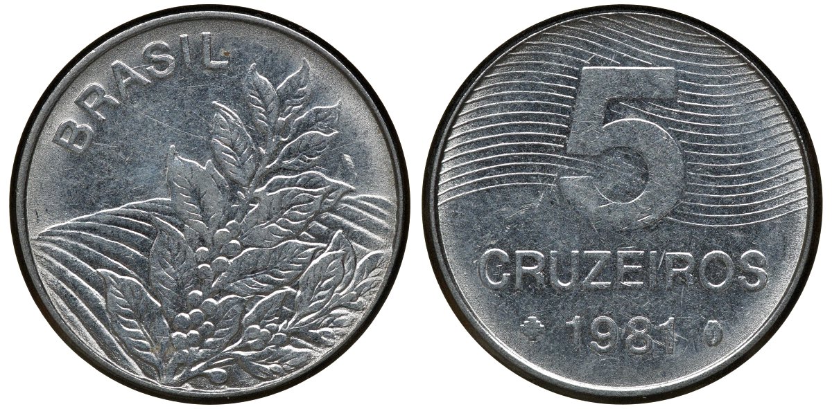 БРАЗИЛИЯ 5 КРУЗЕЙРО 1981 КОФЕ KM 591 сталь aUNC 72-931