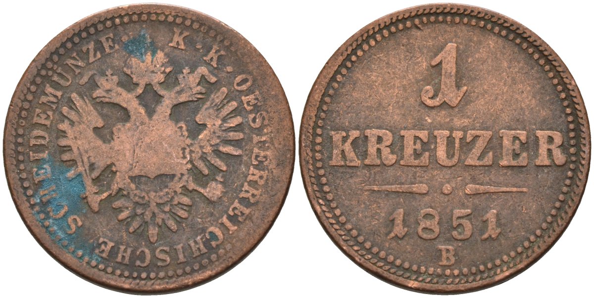 Австрия 1 крейцер 1851 B, Франц Иосиф I (1848-1916) KM 2185 медь 4586-453