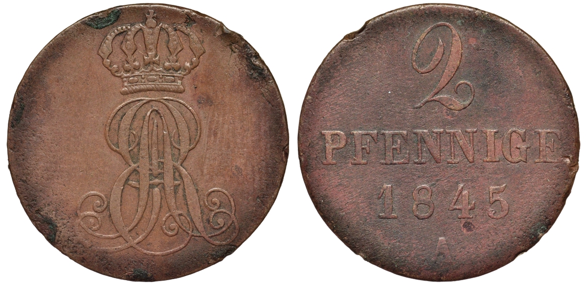 Ганновер 2 пфеннига 1845 A, Эрнст Август (1837-1851) KM 174.1, AKS 122, J. 55 медь 75-1816