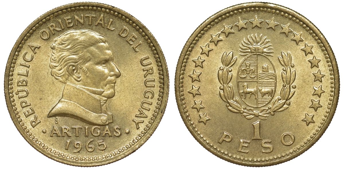 Уругвай 1 песо 1965 KM 46 алюминиевая бронза 28-816