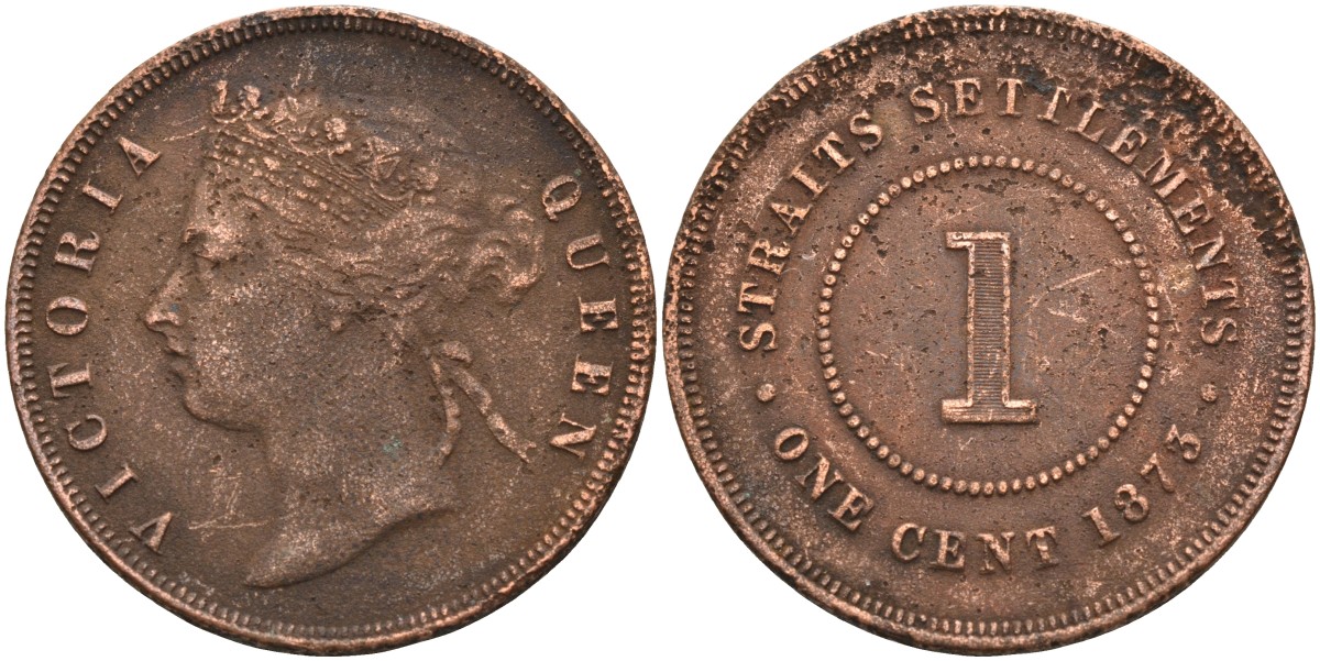 Стрейтс-Сетлментс 1 цент 1873 Виктория (1837-1901), Ост-Индская компания KM 9 медь 4590-322