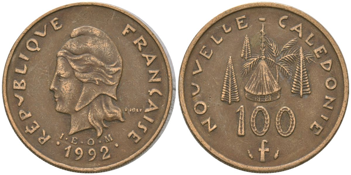 Французская Новая Каледония 100 франков 1992 хижина среди сосен и пальм, (IEOM) KM 15, Schoen 16, Lec 130-172 никель латунь 4140-625
