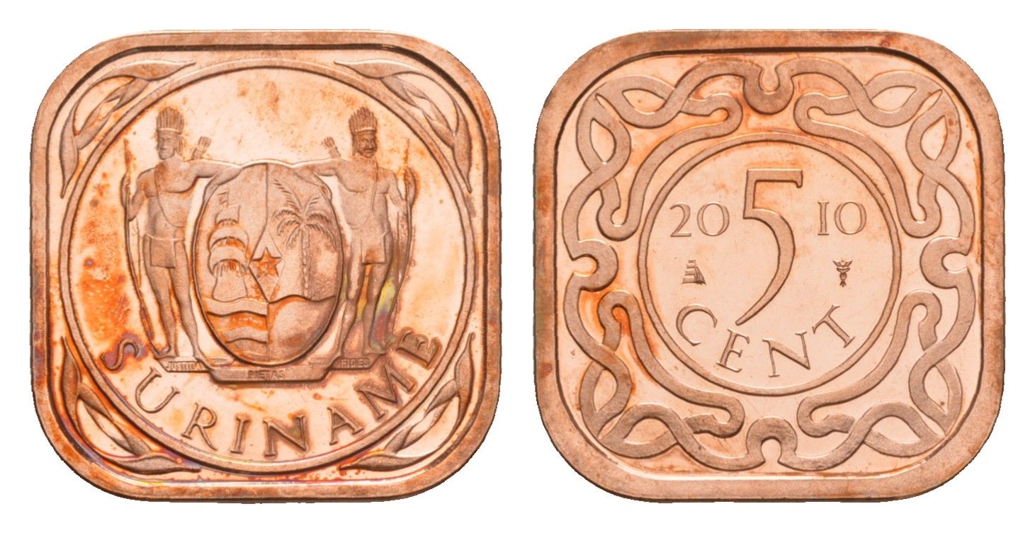 Суринам 5 центов 2010 тираж 1000 экземпляров KM 12b сталь плакированная медью BU 4649-957