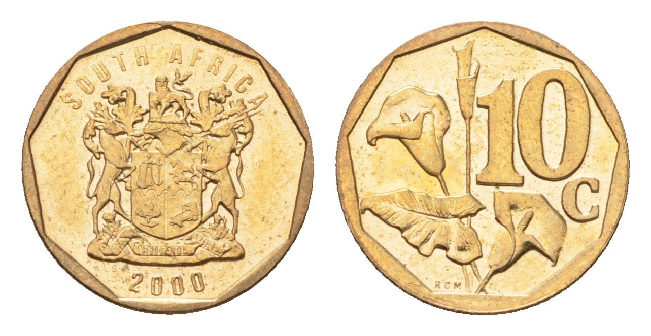 ЮАР 10 центов 2000 герб, цветок алоэ KM 161 сталь плакированная бронзой UNC 4694-761