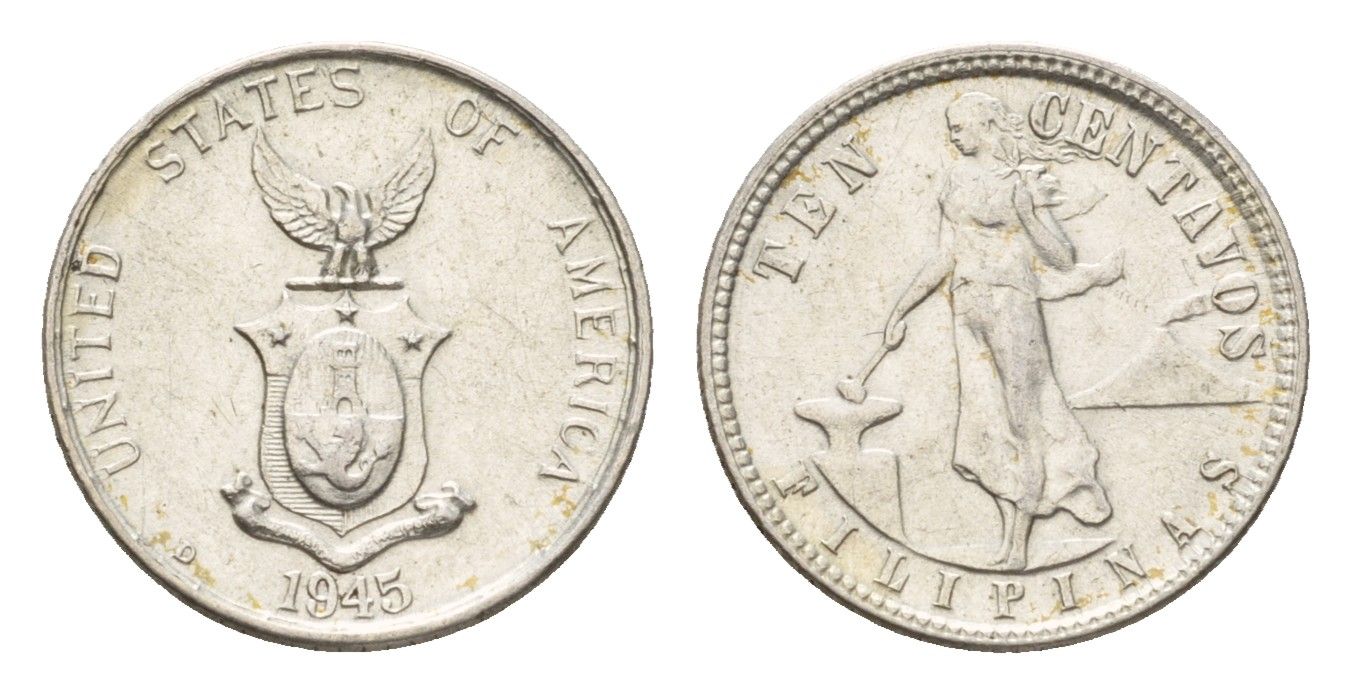 Филиппины 10 сентаво 1945 Администрация США KM 181 серебро 4679-625