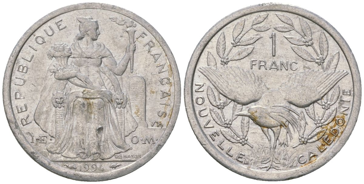 Французская Новая Каледония 1 франк 1994 птица кагу, (IEOM) KM 10, Schoen 10, Lec 52 алюминий 54-1233