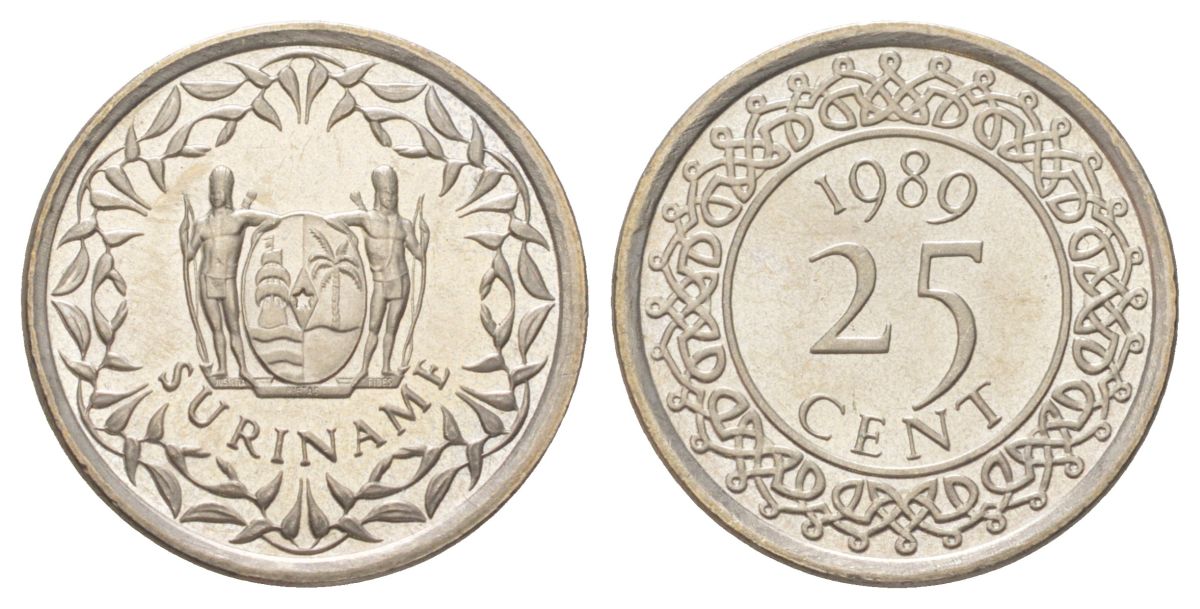 Суринам 25 центов 1989 KM 14a медно-никель UNC 4625-346