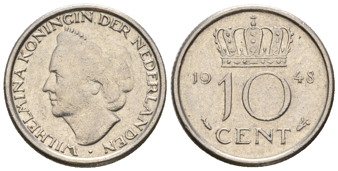 Нидерланды 10 центов 1948 Вильгельмина (1895-1948) KM 177 никель 220-539
